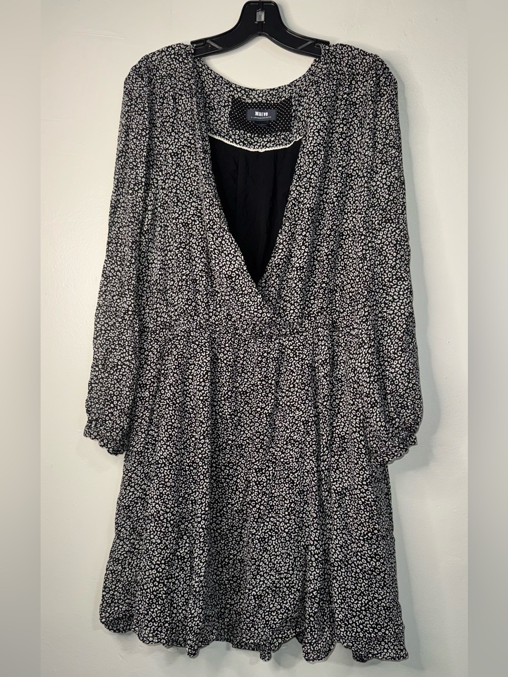 Anthropologie Black & White Long Sleeve V-Neck Tiered Dress